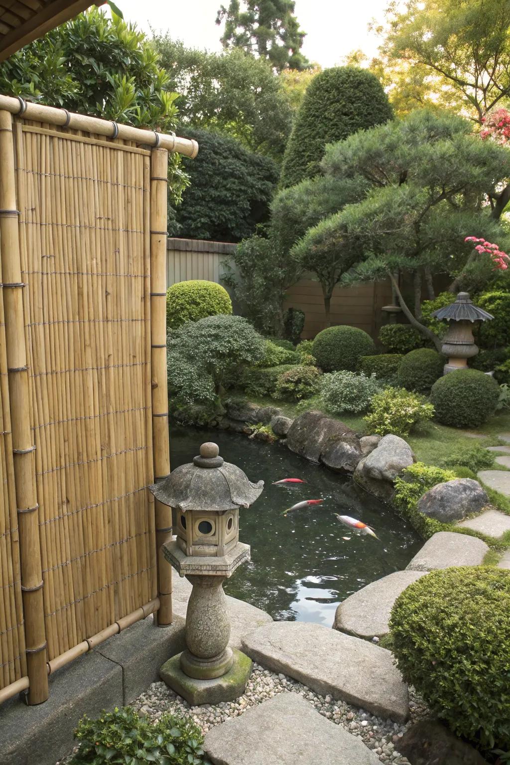 A bamboo divider bestows privacy to a Japanese garden.