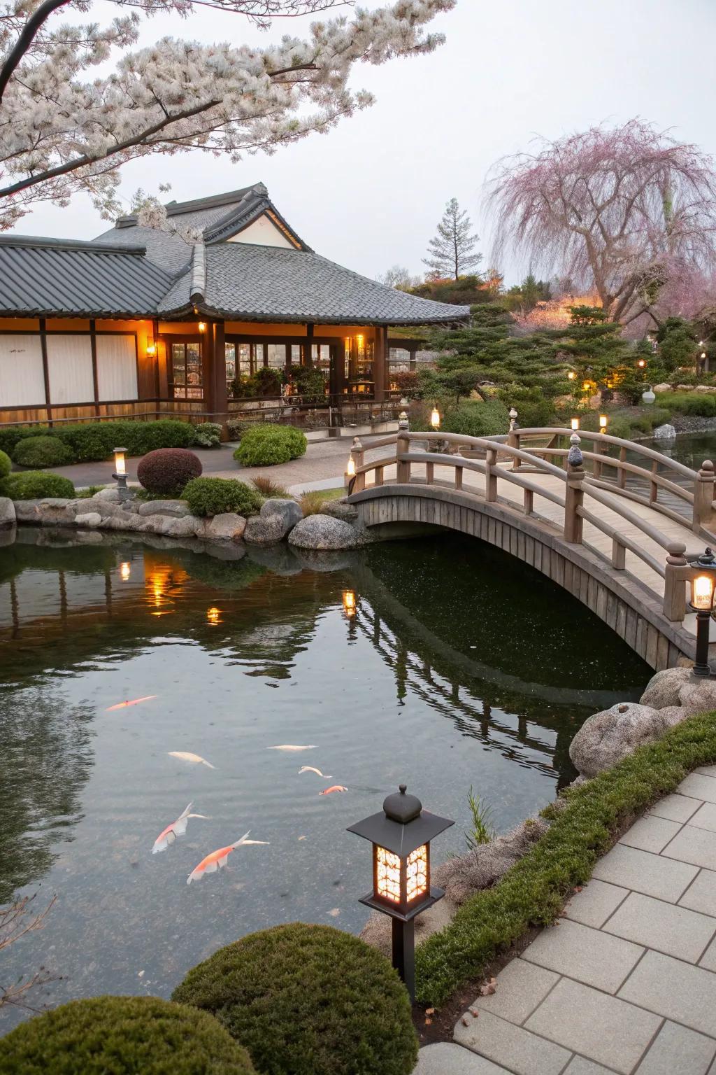 A serene fishpond establishes a tranquil atmosphere.