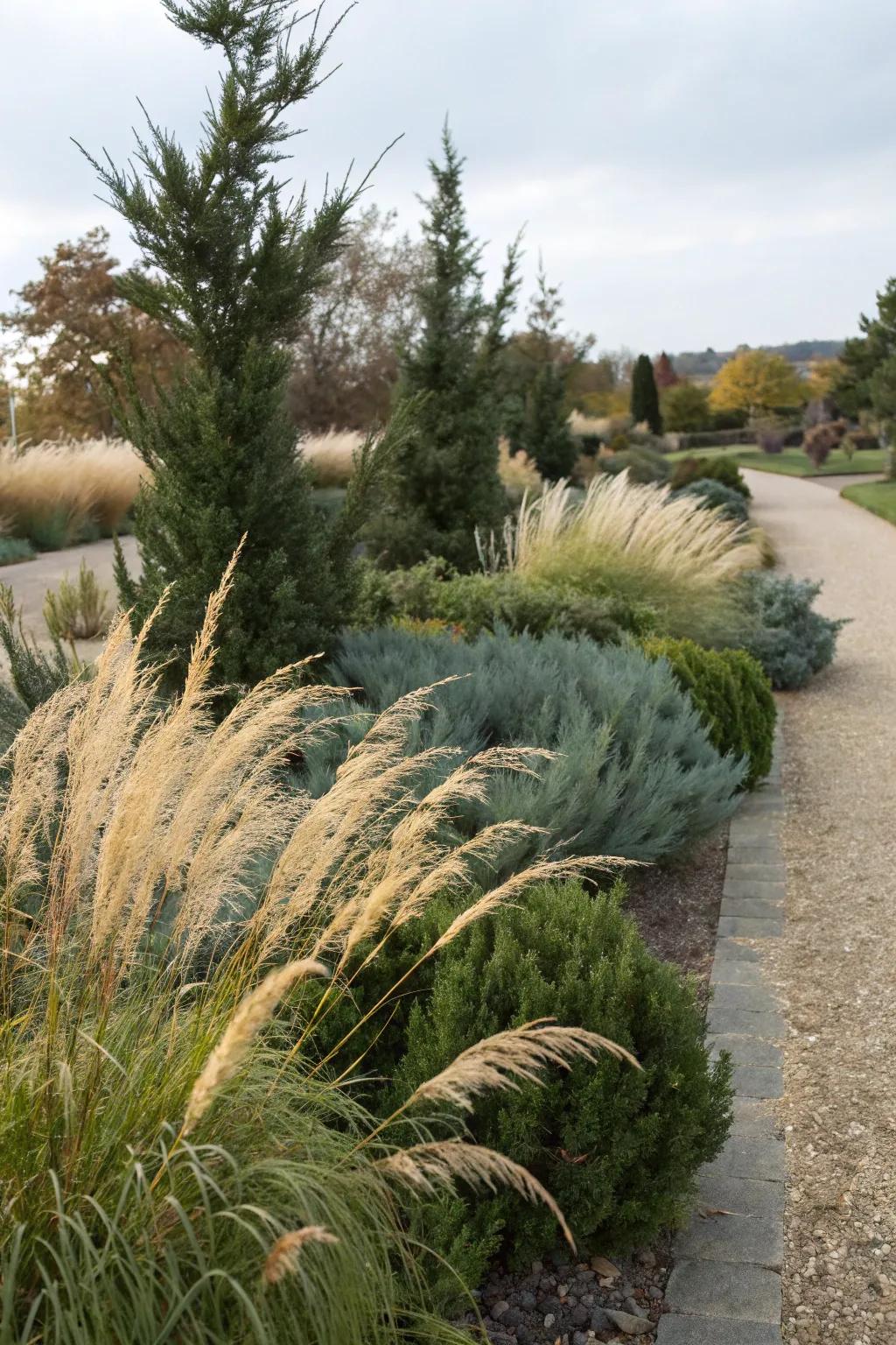 The striking contrast between junipers and grasses