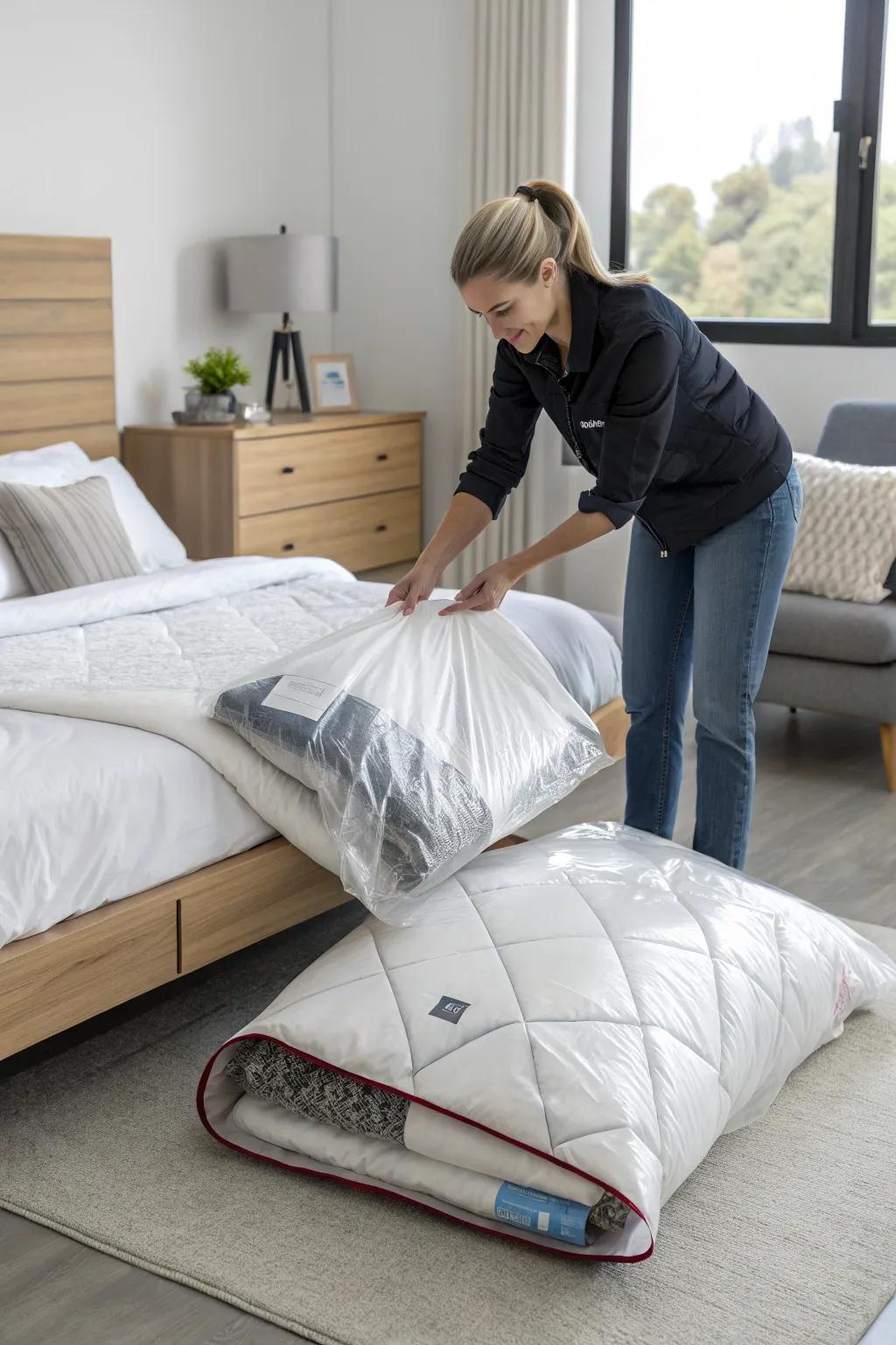 Suction sacks conserve area by compressing bulky items.