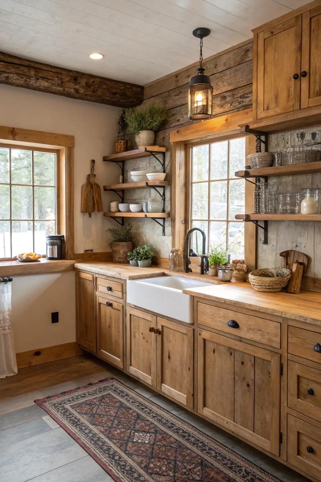 Natural wood cabinets add warmth and authenticity to the kitchen.