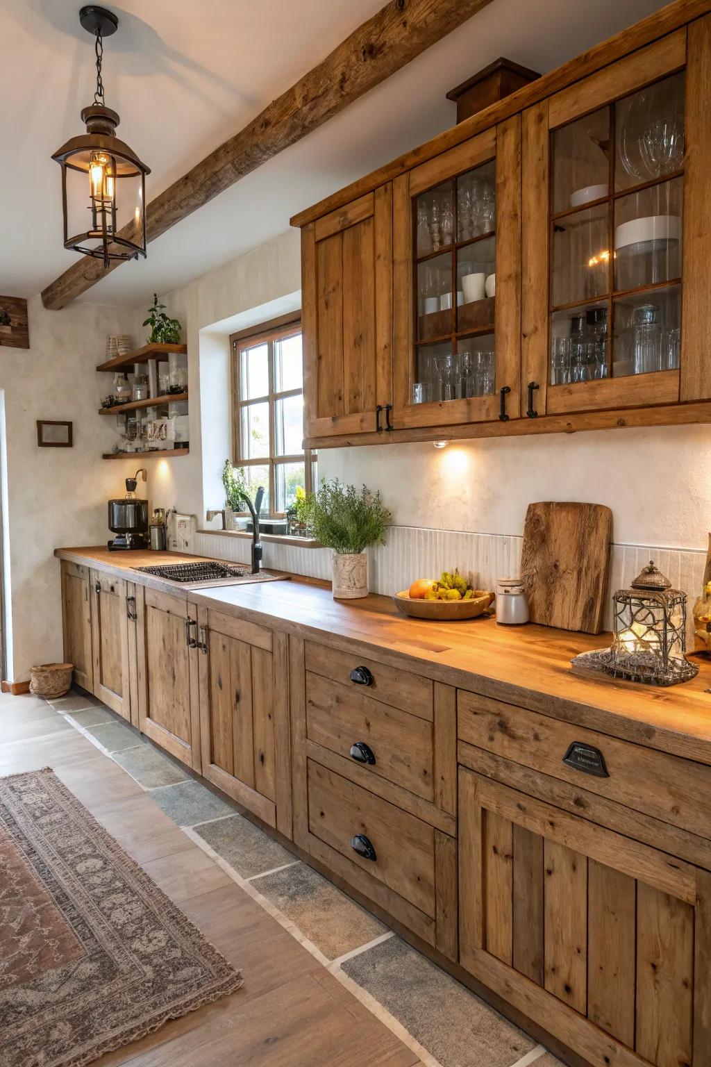 Ligneous work surfaces impart natural cordiality and allure.