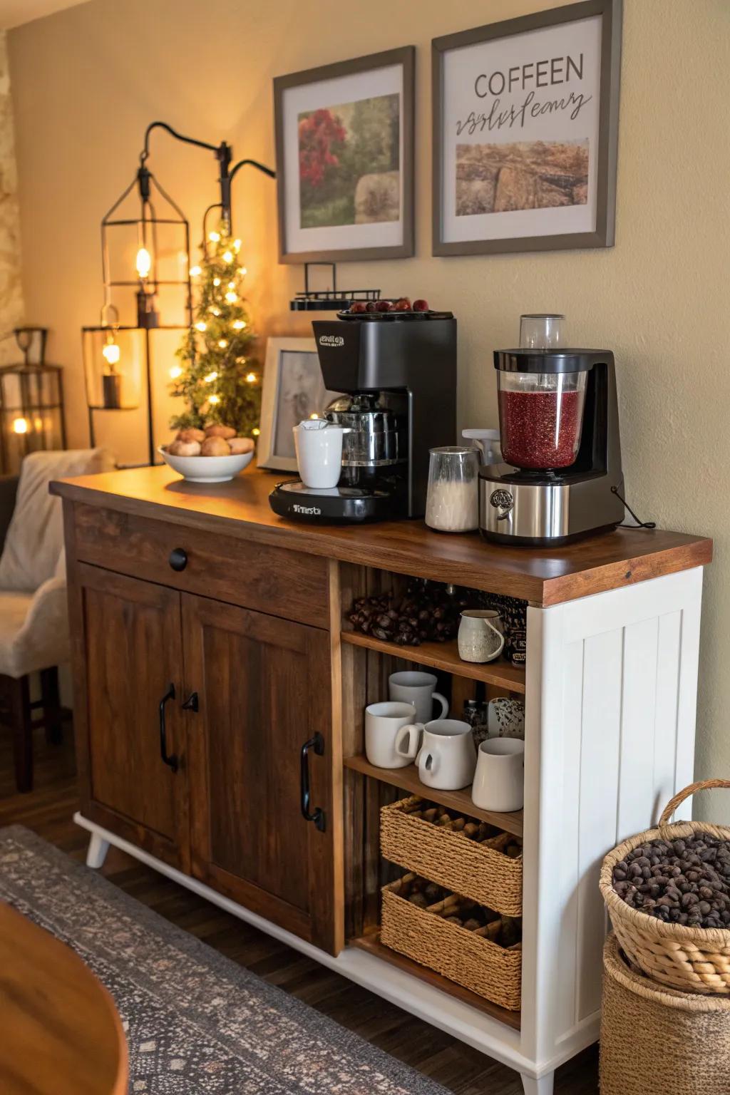 A credenza styled as a coffee bar adds charm and convenience.