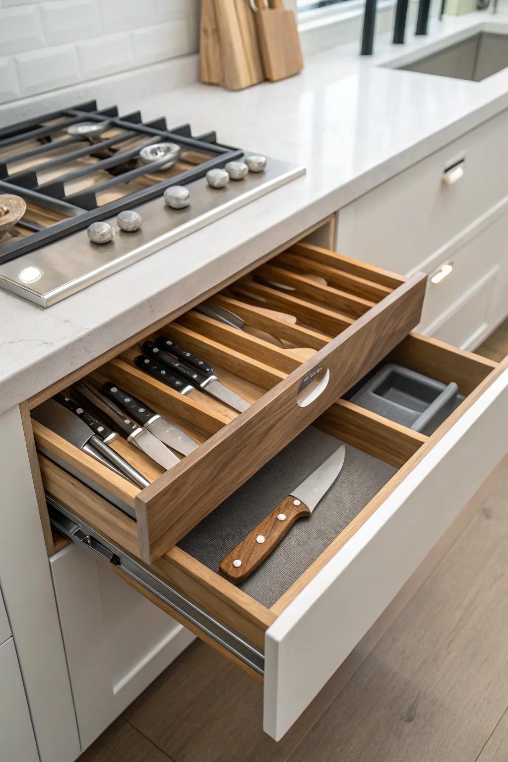 Improve safety and arrangement with added knife safes in your kitchen drawers.