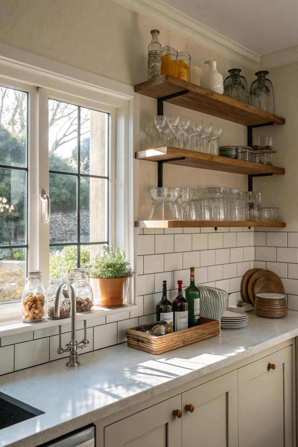 Shelves across windows maximize light and space.