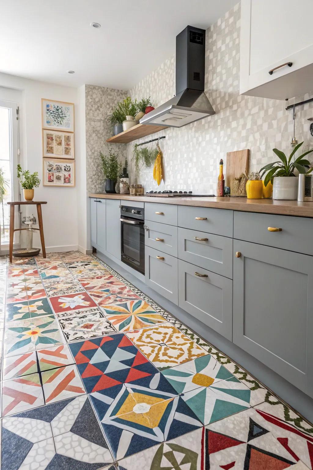 Geometric layouts turn flooring into art.