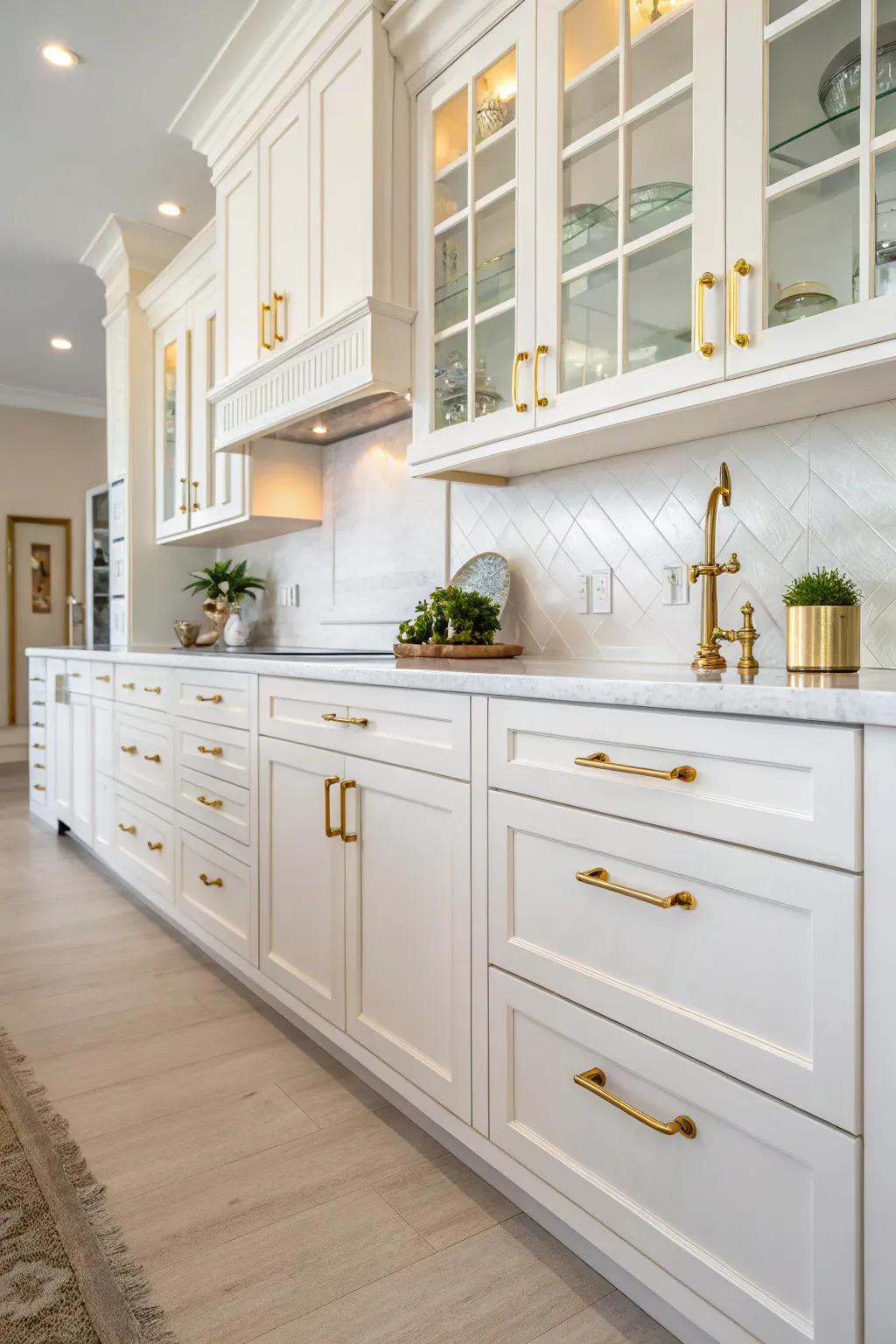 Elegant bronze-accented hardware that elevates the kitchen's luxury.