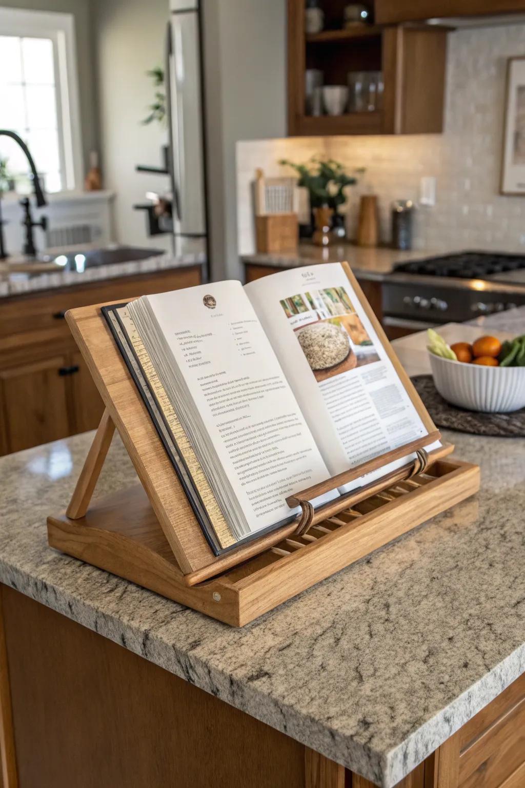 A cookbook holder provides charm and cooking ideas.