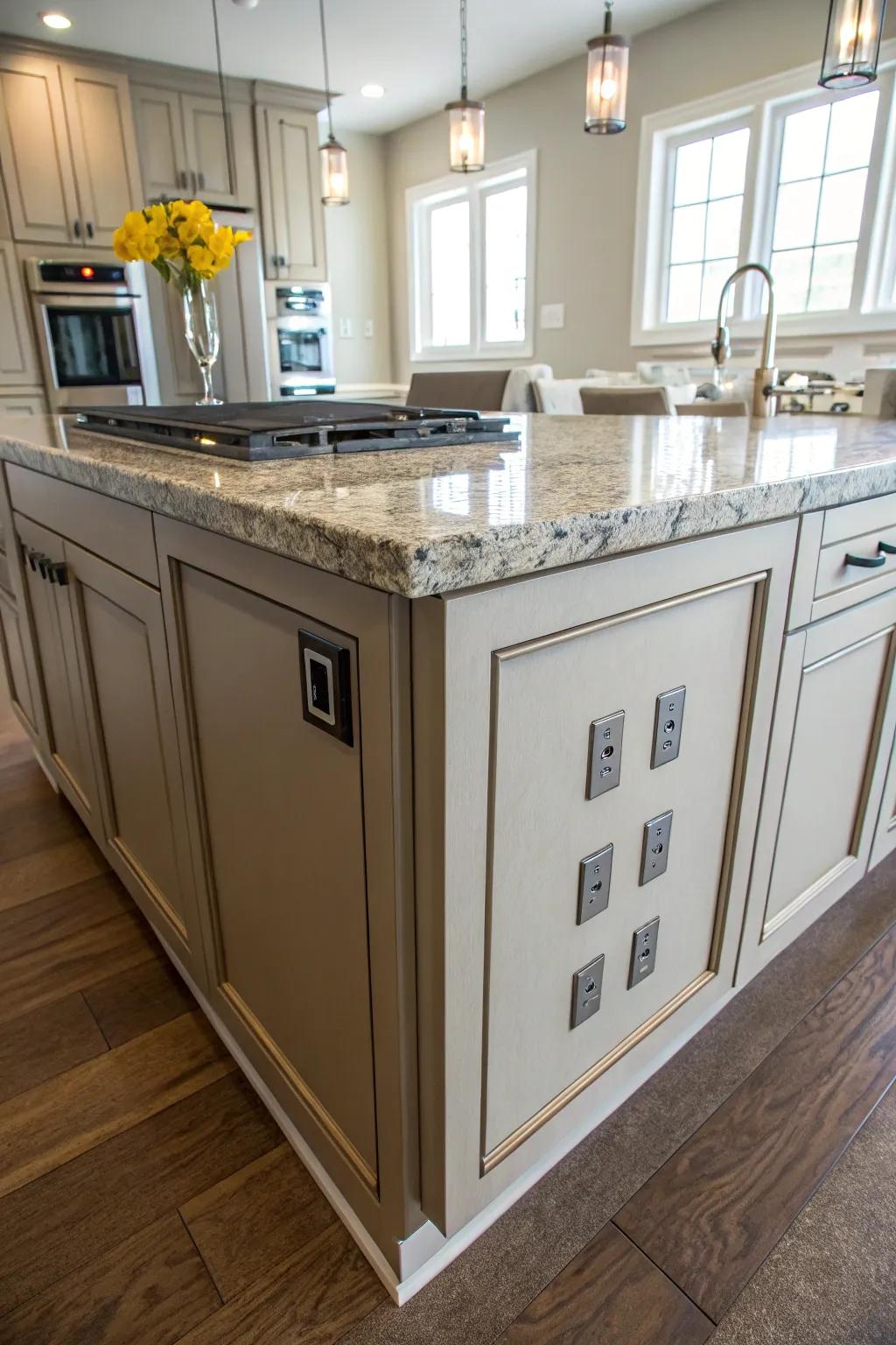 Dummy cabinet panels offer a seamless integration of outlets.