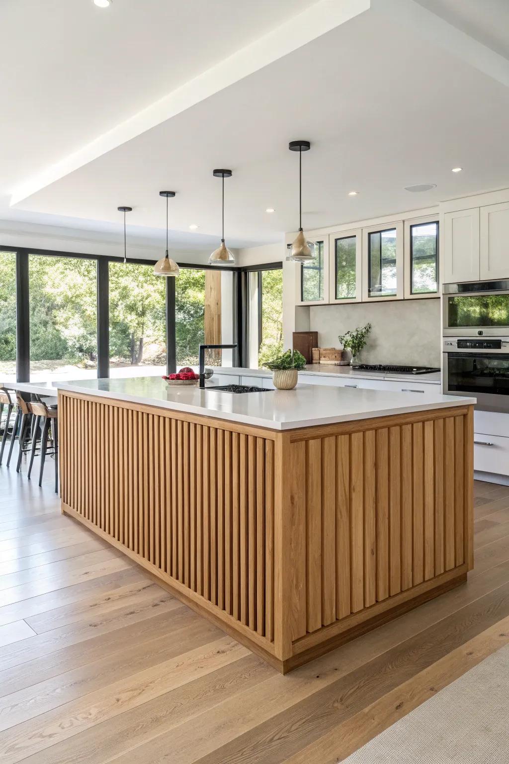 Upright slats on the island create a remarkable and elongated impression.