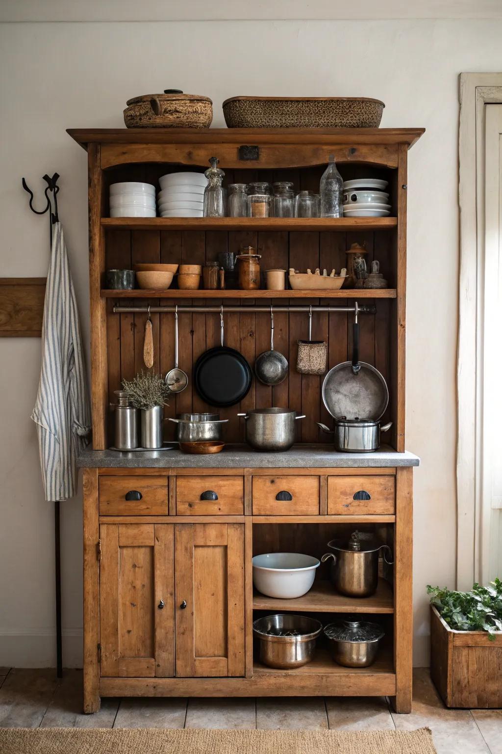 Repurposed vintage finds can serve as charming and functional kitchen shelves.