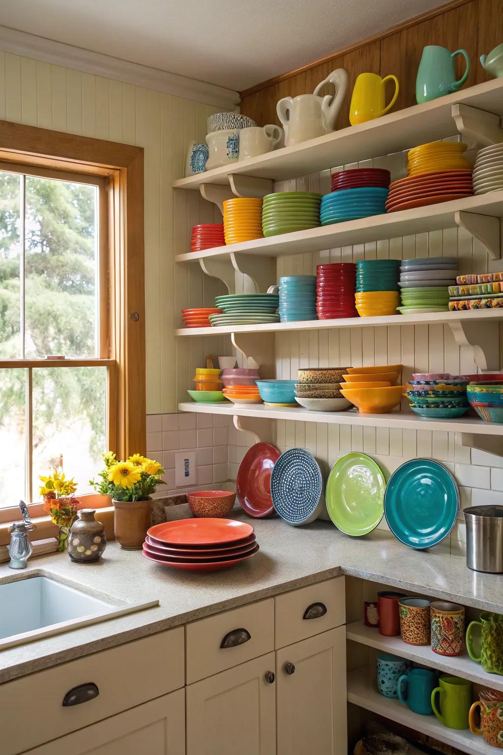 Open shelves give the kitchen a more spacious feel and add a personal touch.
