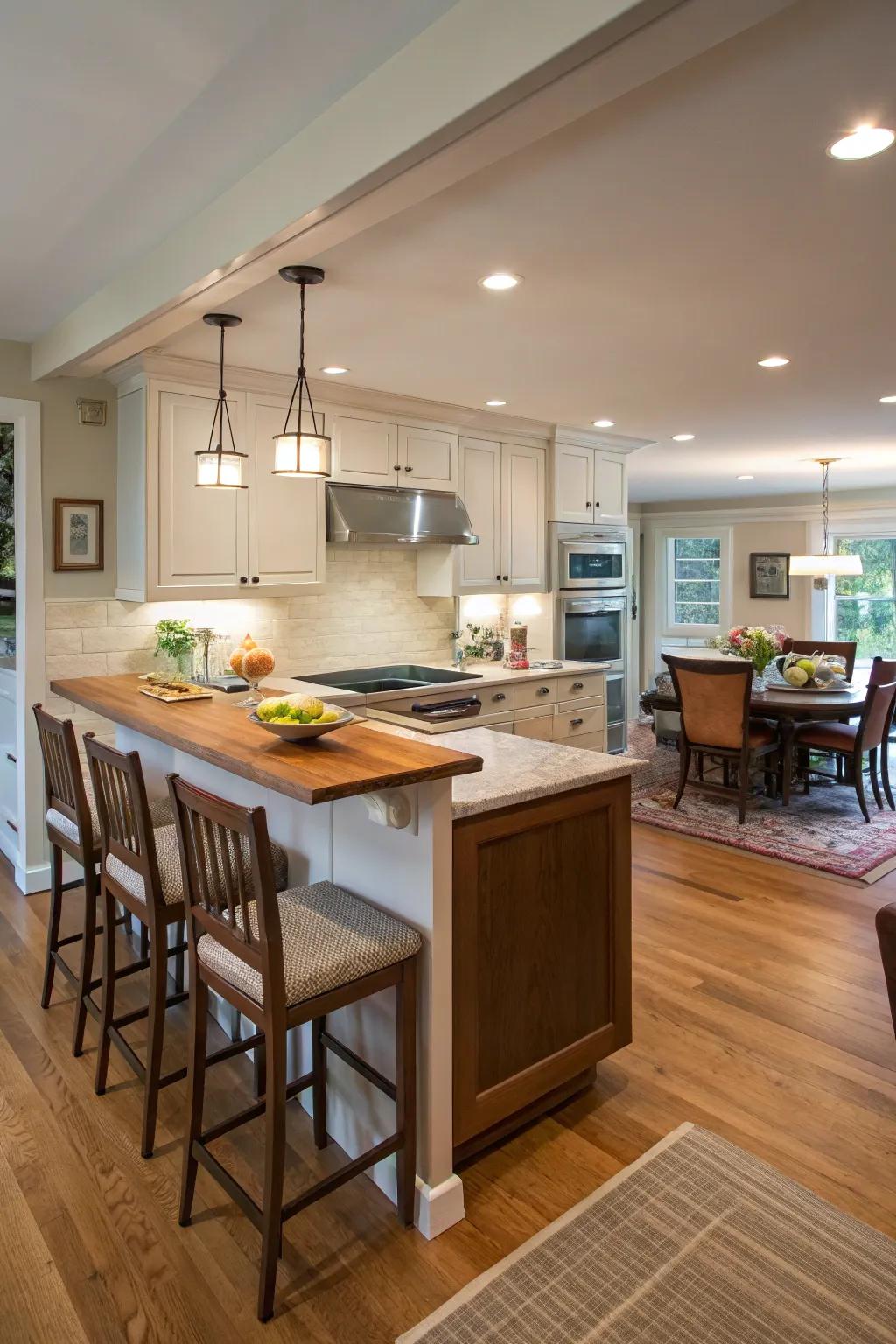 Peninsula seating defines space while maintaining openness.