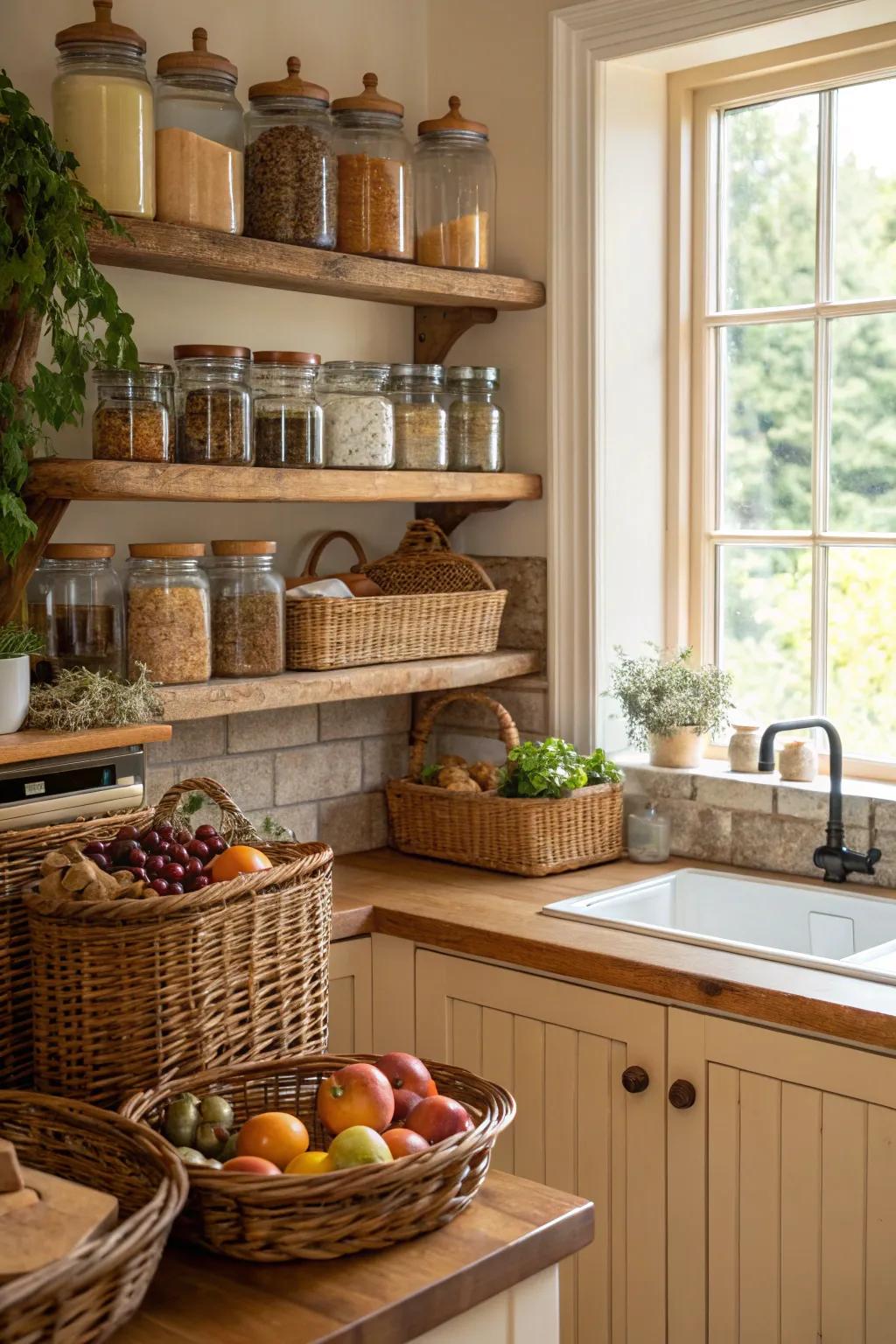 Stylish storage solutions keep the kitchen organized and aesthetically pleasing.