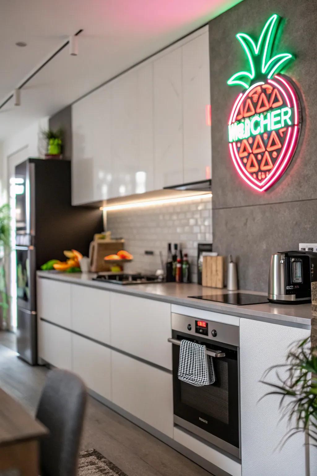 A modern kitchen showcases a vibrant neon sign for a pop of color.