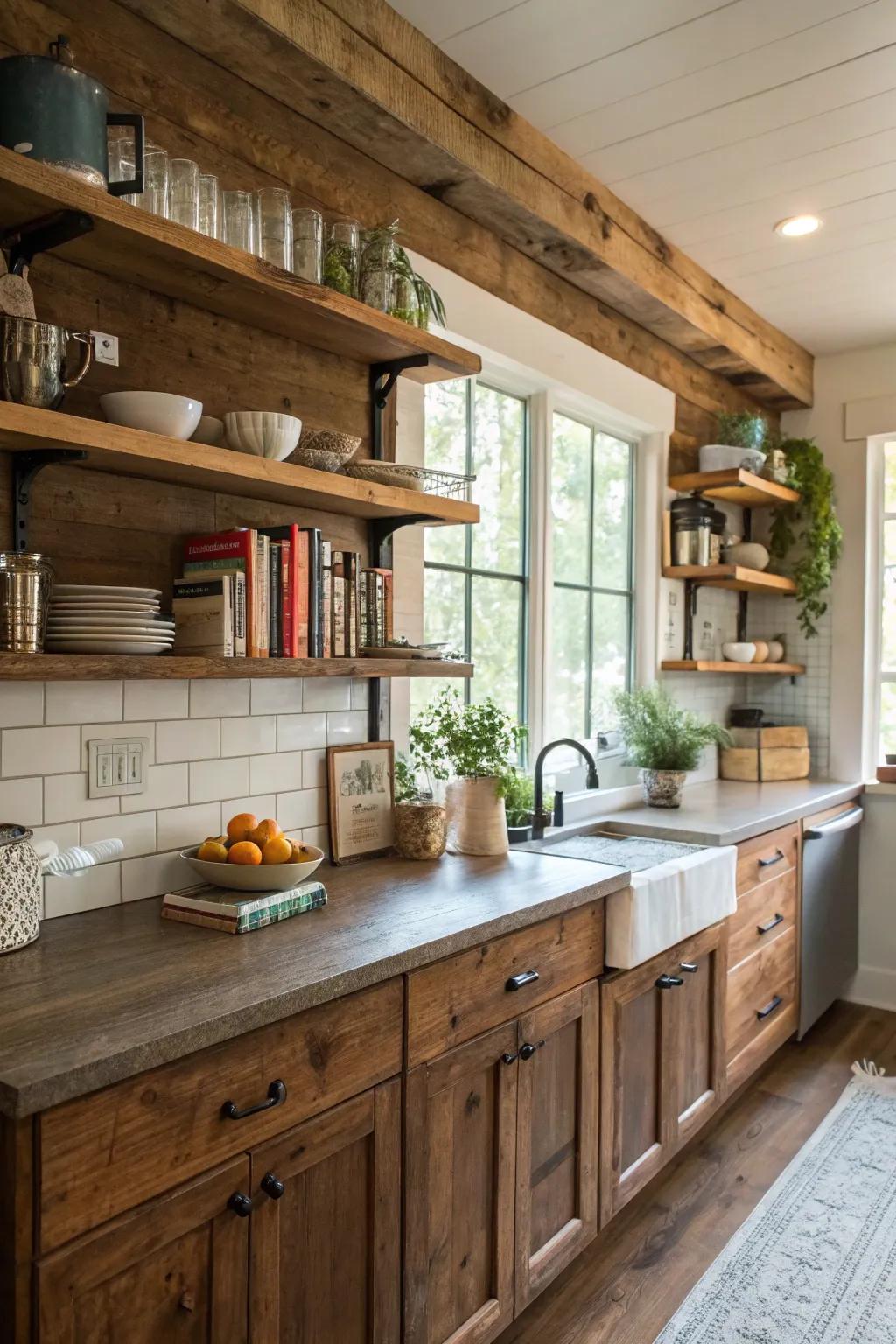 Reclaimed wood shelves adding warmth and a rustic touch to the kitchen.