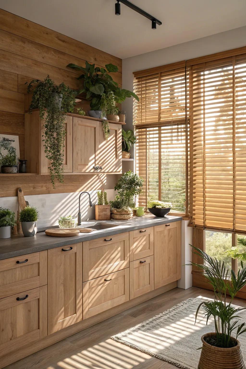 Wood blinds bring warmth and harmony to your kitchen space.