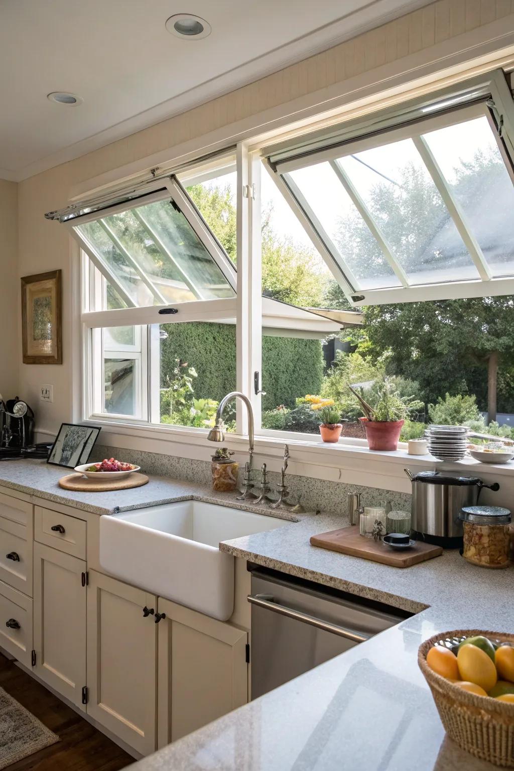 A kitchen featuring top-swing windows for optimal airflow.