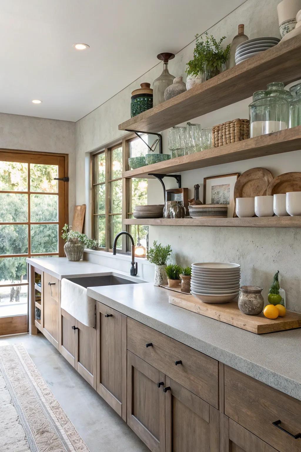 A functional cooking space with engineered stone worktops and fashionable floating racks.