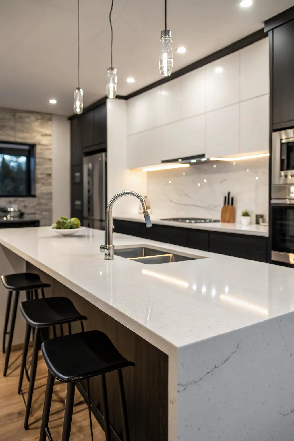 Modern monochrome magic with quartz countertops.