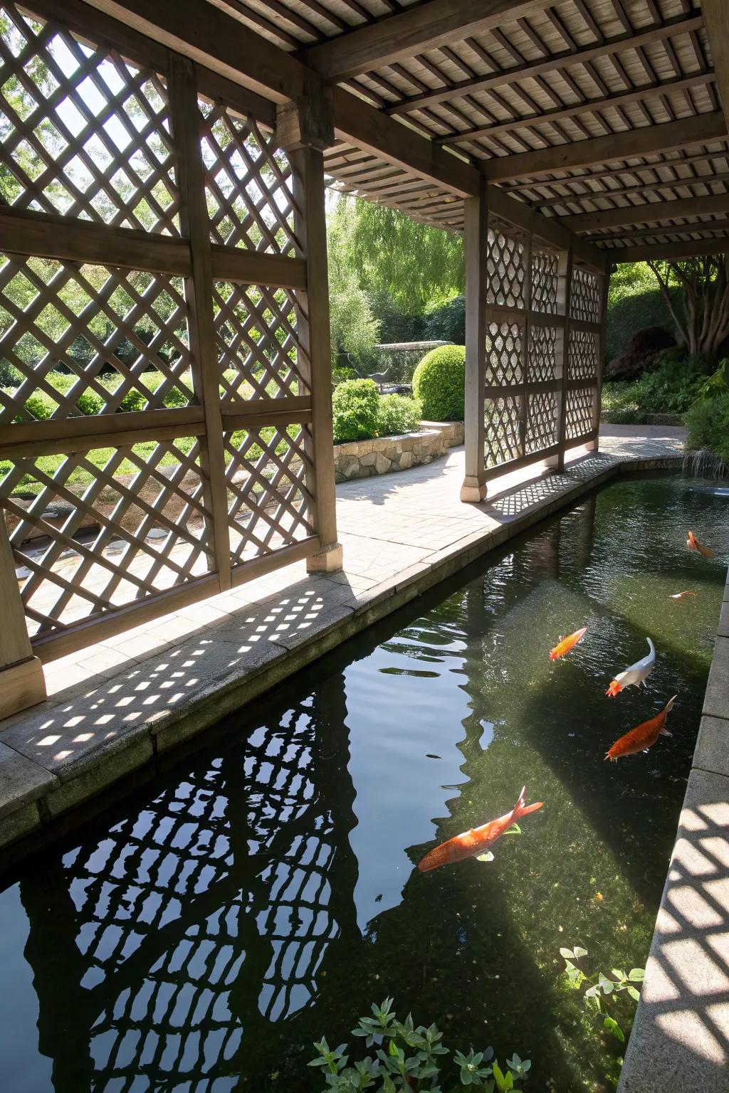 A koi pond with lattice panels offering a blend of light and shade.