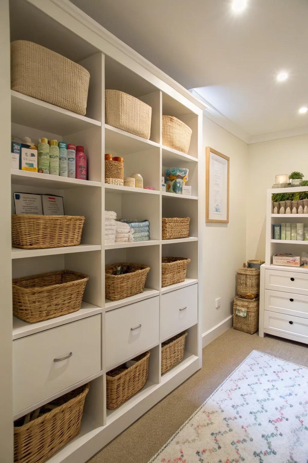 Built-in shelves and baskets offer imaginative storage solutions.