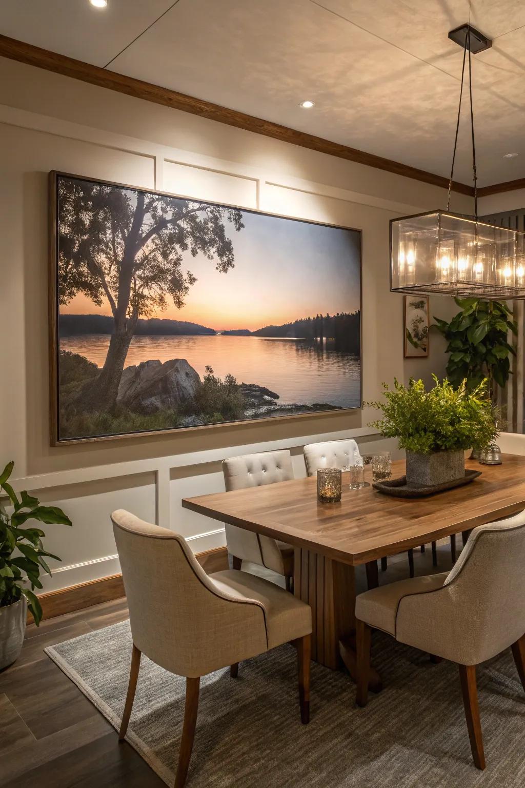 Art can serve as a stunning visual focus in your dining space.