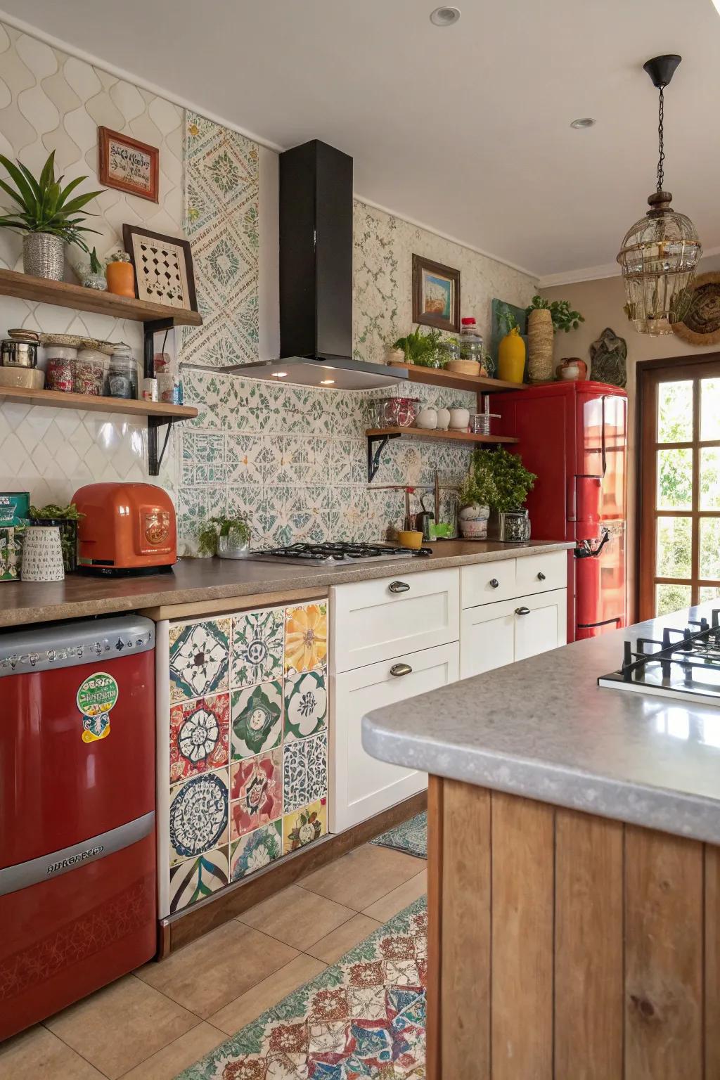 Mixing synthetic stone designs adds depth and custom flair to kitchens.