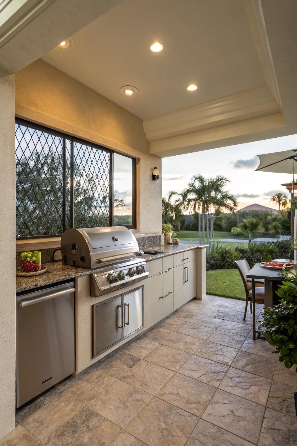 An outdoor culinary space renders this lanai a perfect entertaining spot.