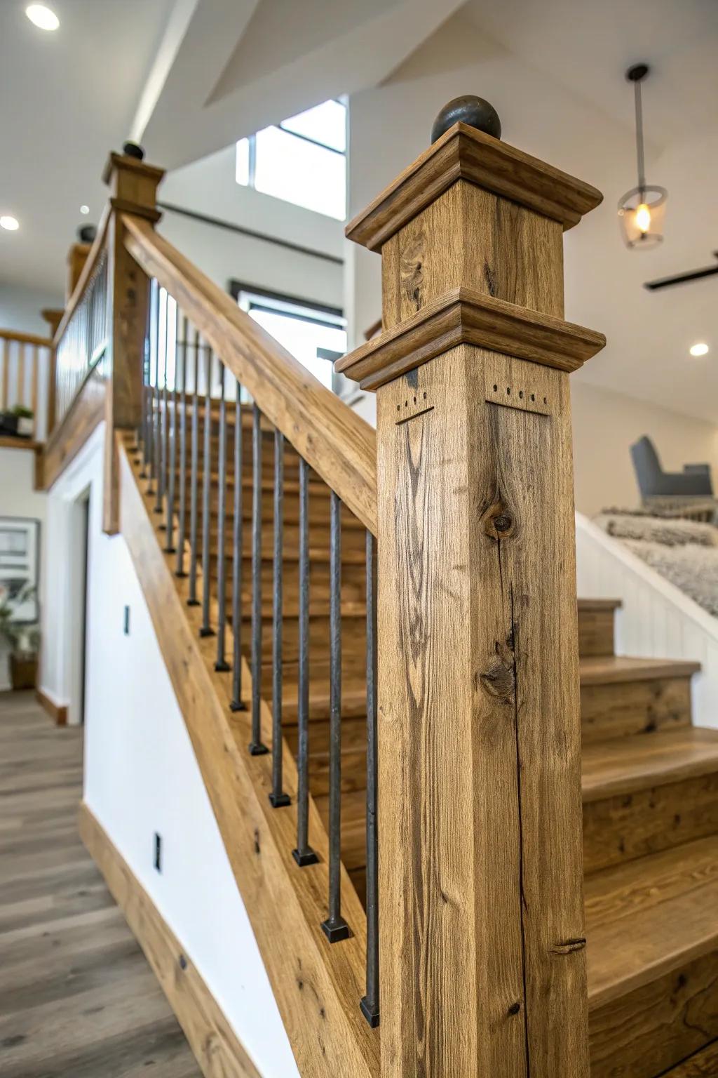 Sustainable reclaimed wood banister, rich with history.
