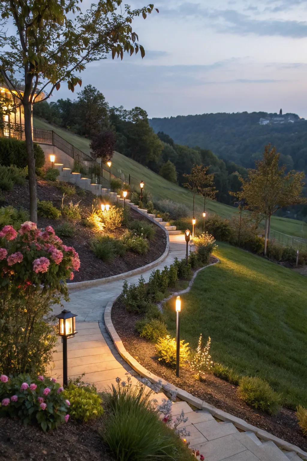 Illumination amplifies the charm and usability of inclined gardens under cover of darkness.