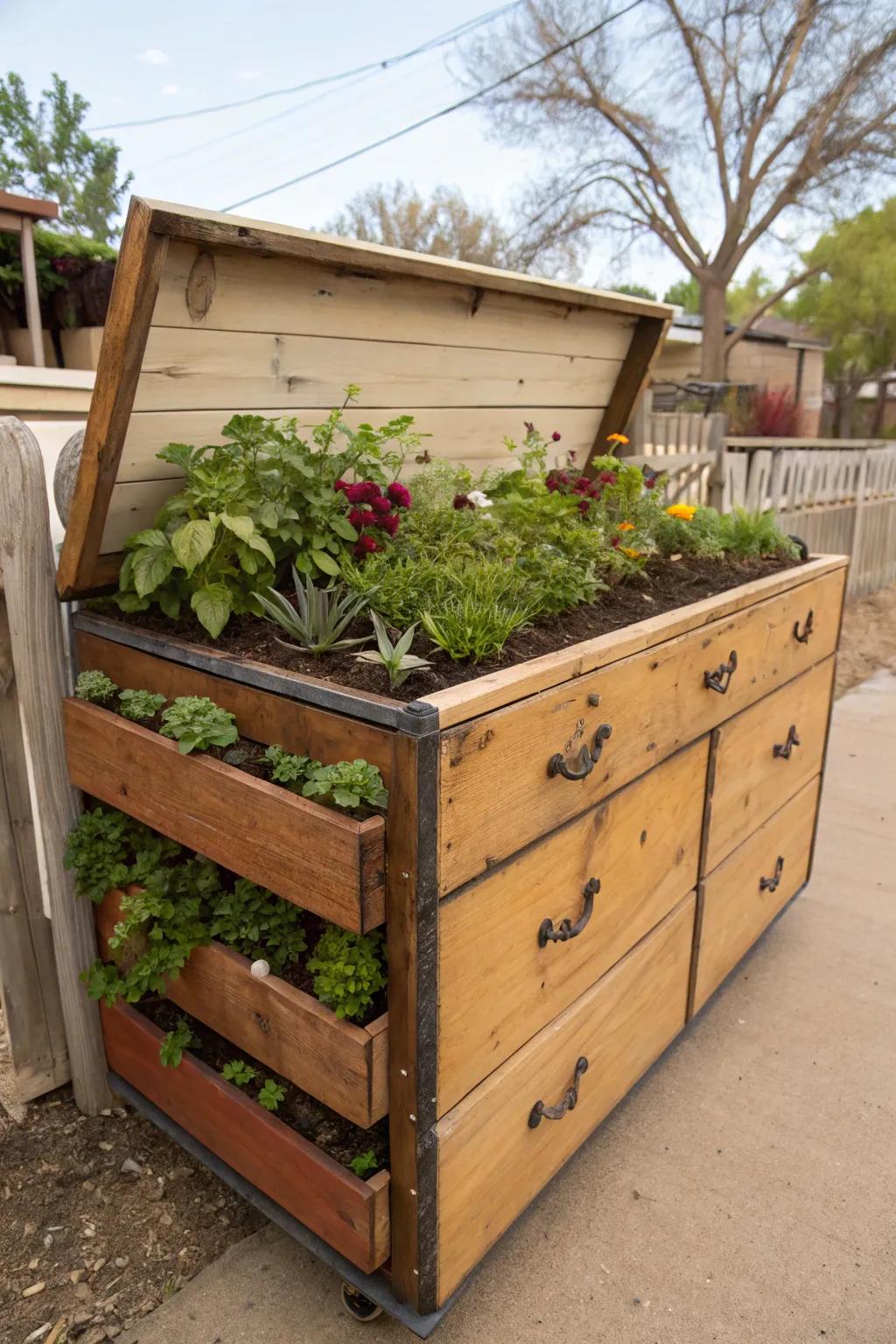 Old furniture can be used in creative ways to make charming raised beds.