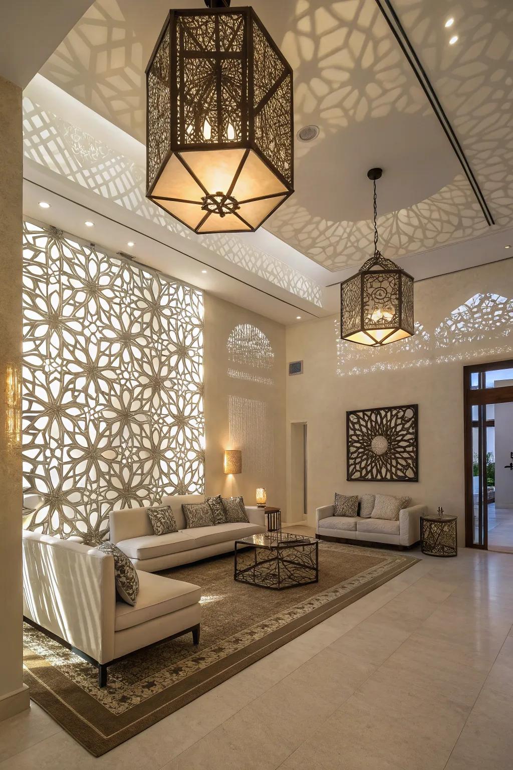 Geometric luminaries offer a modern twist with playful shadows.
