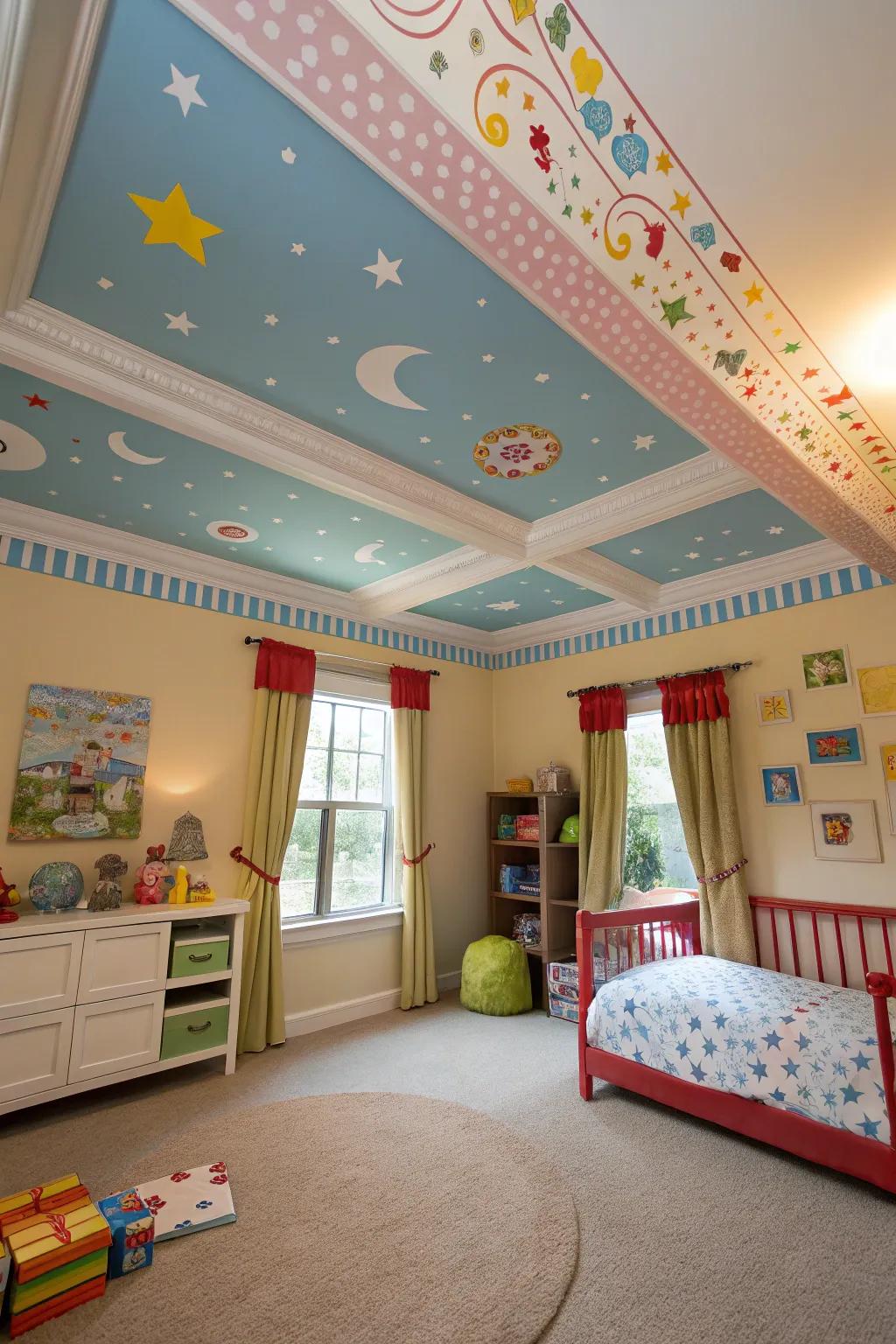A lively offspring's space showcasing ample trim outline outlining a fanciful ceiling design.