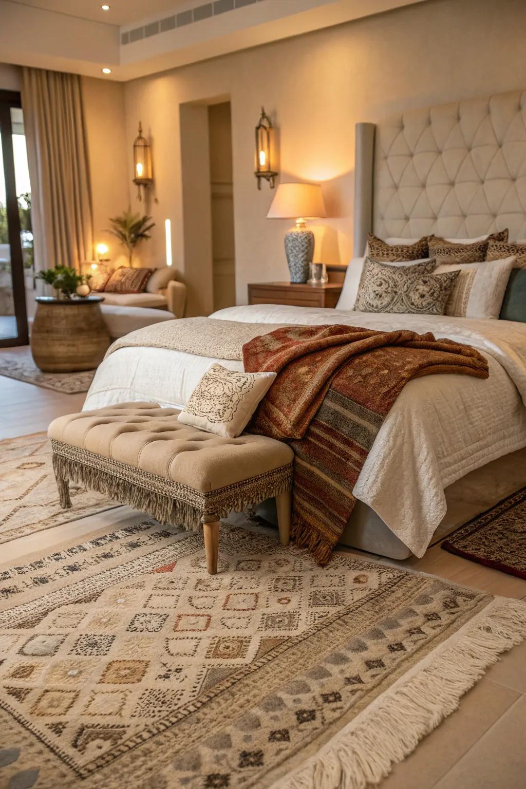 Layered surfaces add depth and comfort to the bedroom.