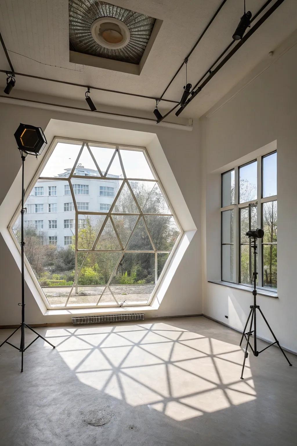 An unique hexagonal window creating a modern architectural statement.