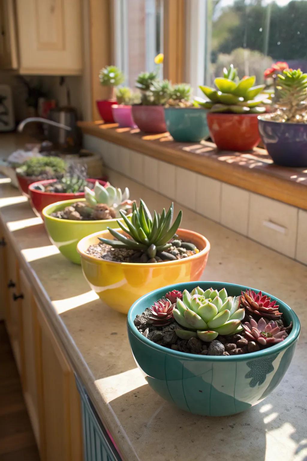 A set of colorful ceramic bowls showcasing succulents.