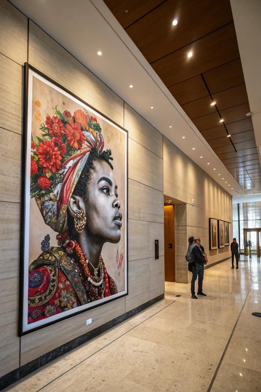 Large art pieces make a bold statement on large walls.