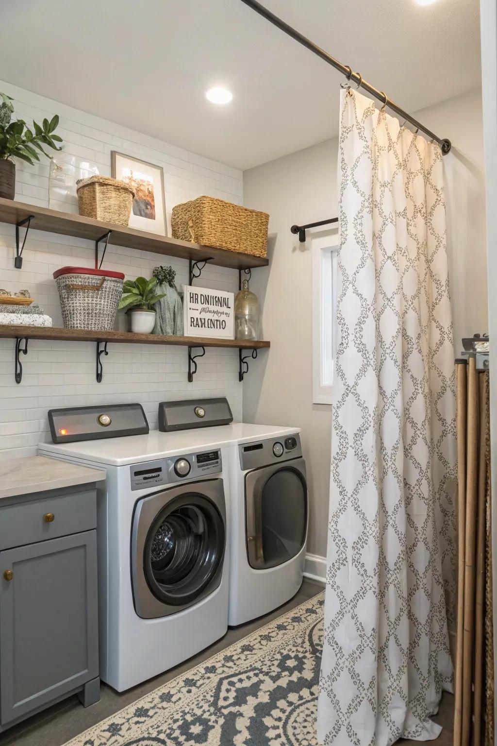Decorative drapery rods can add extra flair to your laundry zone.