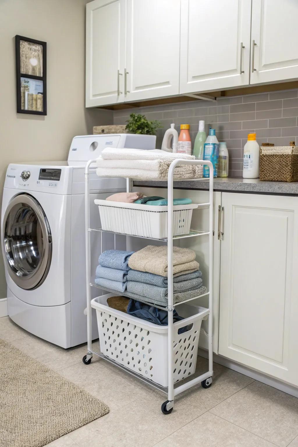 A slim rolling cart keeps laundry must-haves in order and nearby.