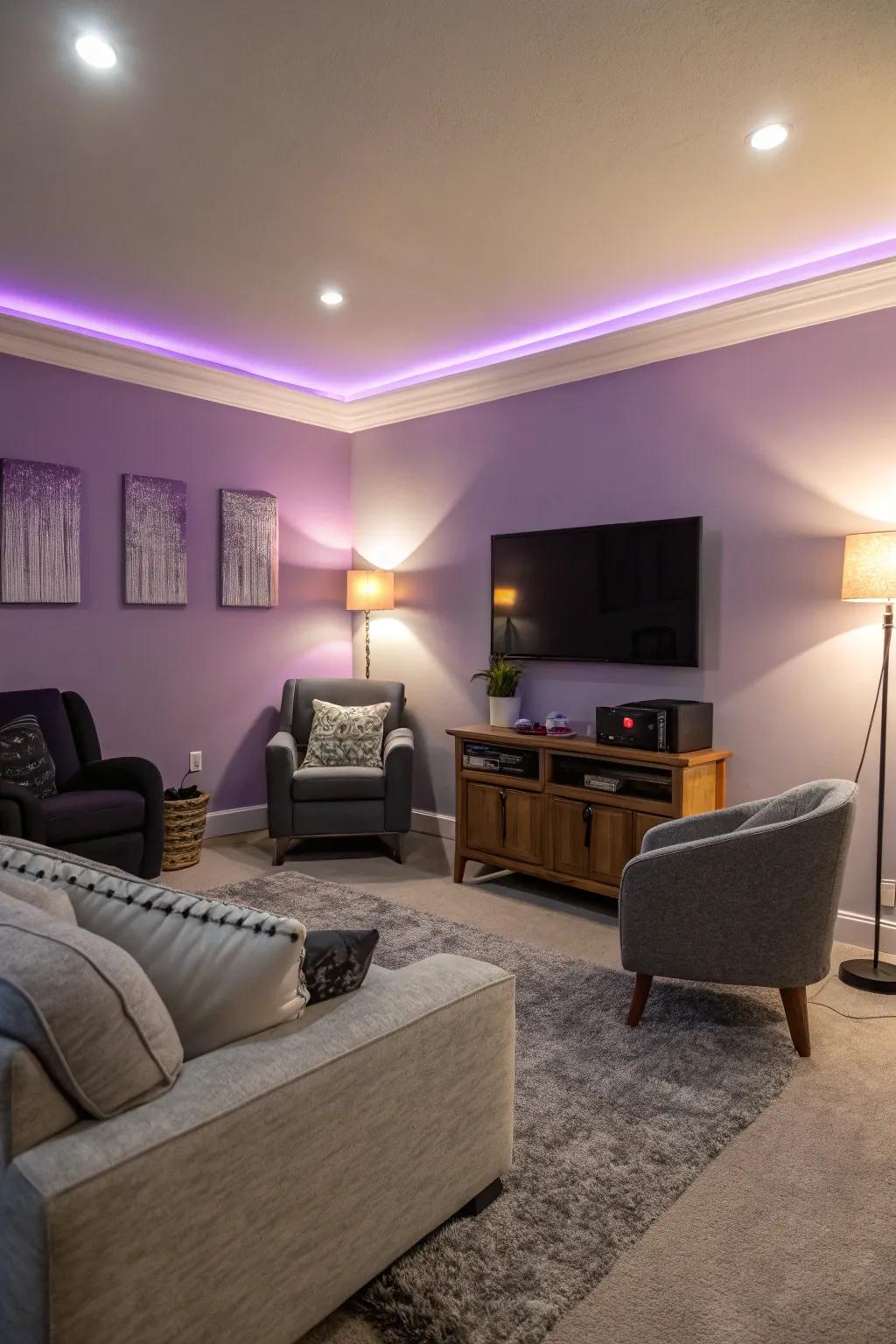 A living room featuring a bold lavender accent wall for a dramatic effect.