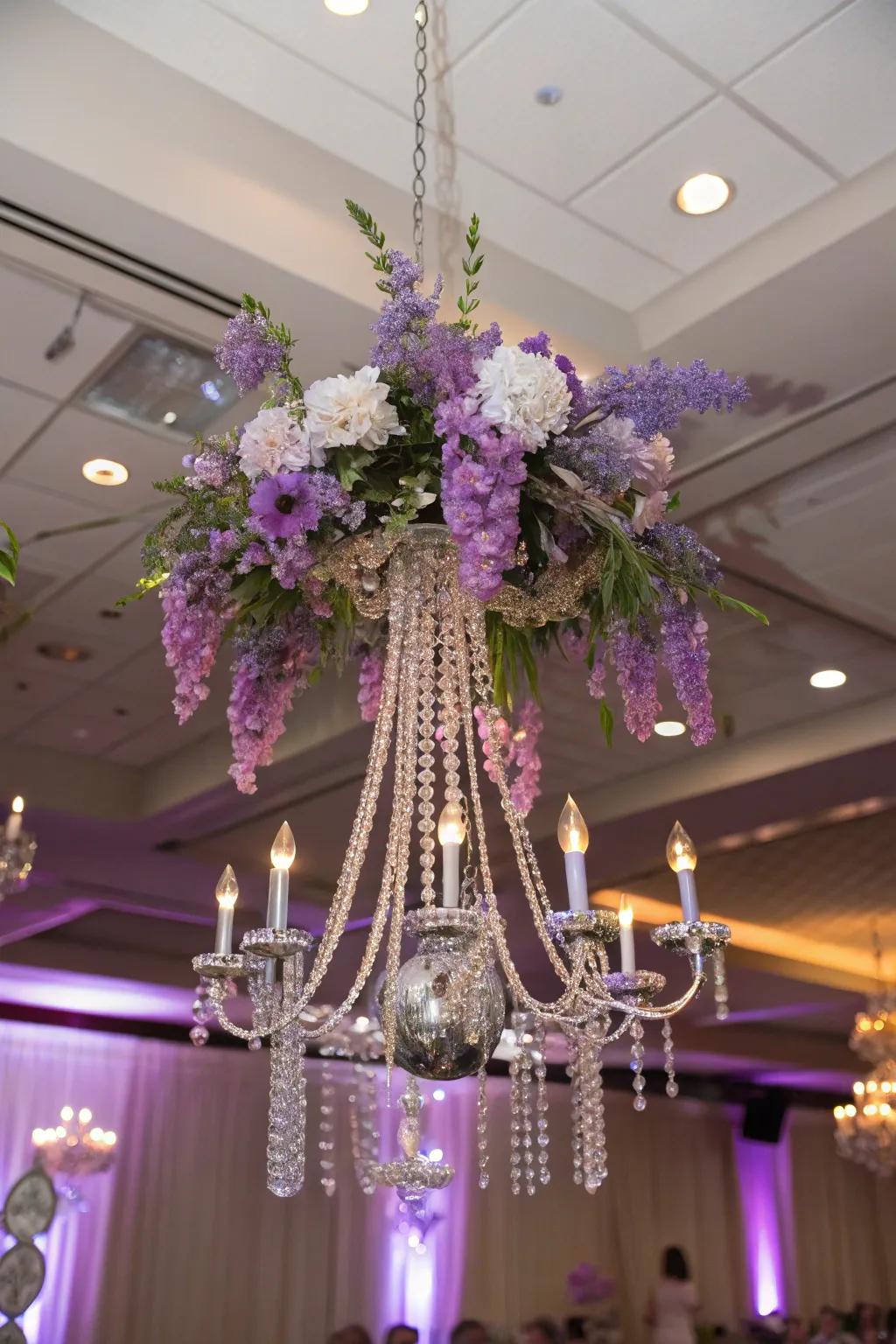 A striking floral chandelier that introduces drama and charm to the venue.