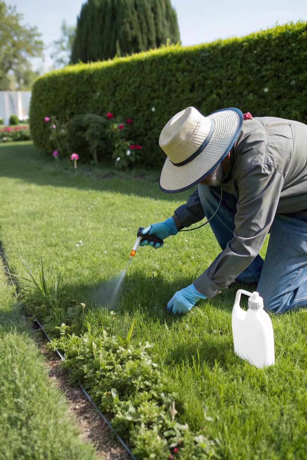 A vigilant gardener keeping the lawn pristine by spot-treating weeds.