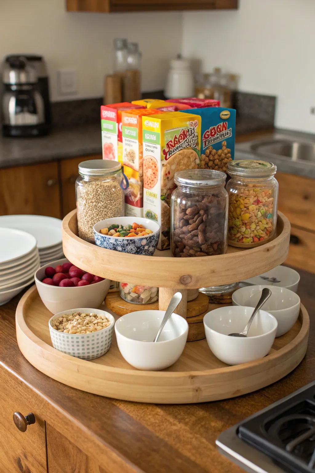 A convenient breakfast counter arrangement over a rotating organizer.