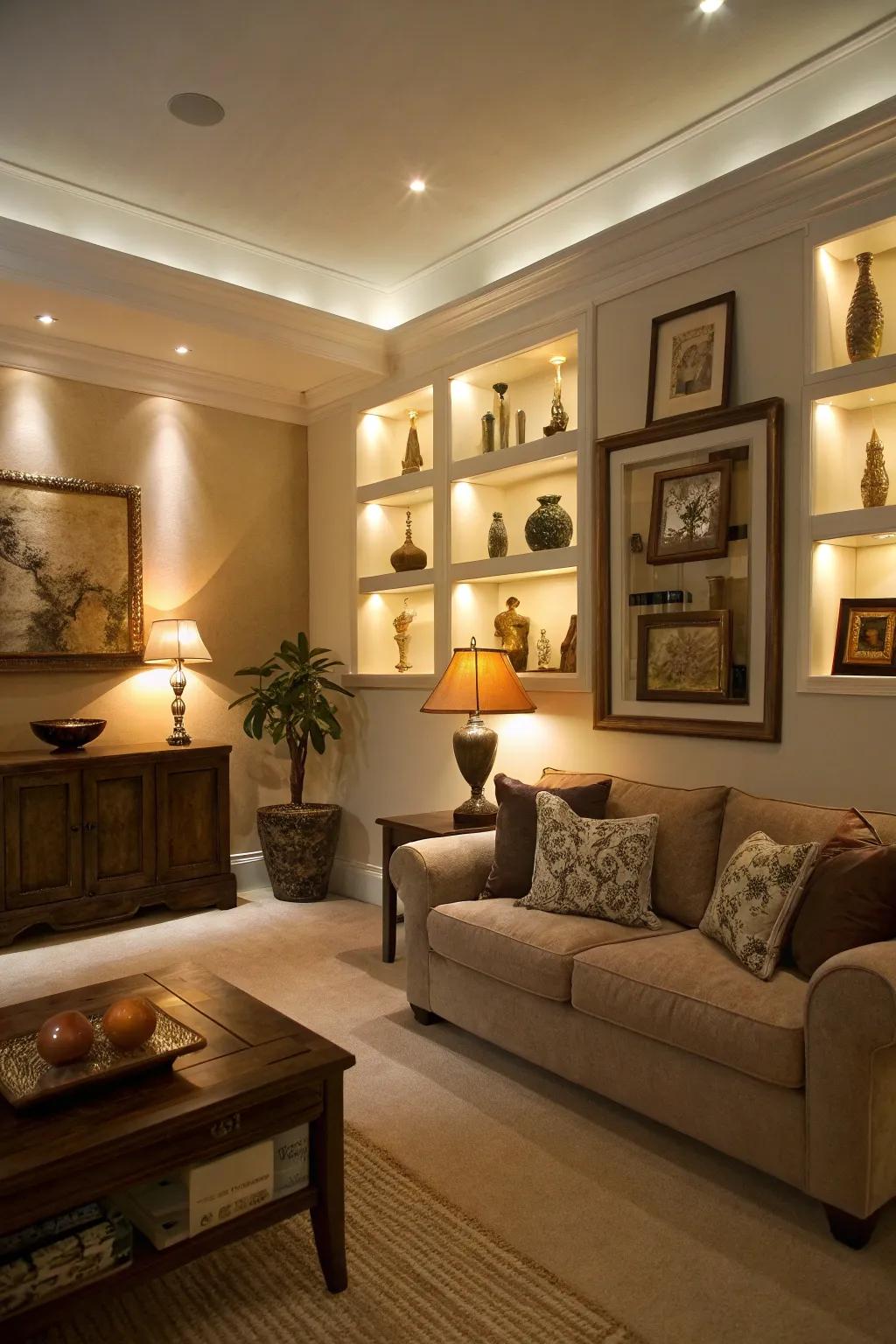 Modern flair with integrated LED wall alcoves.