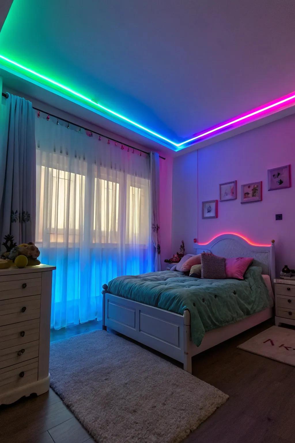 A vibrant bedroom featuring SparkLights in a variety of colors.