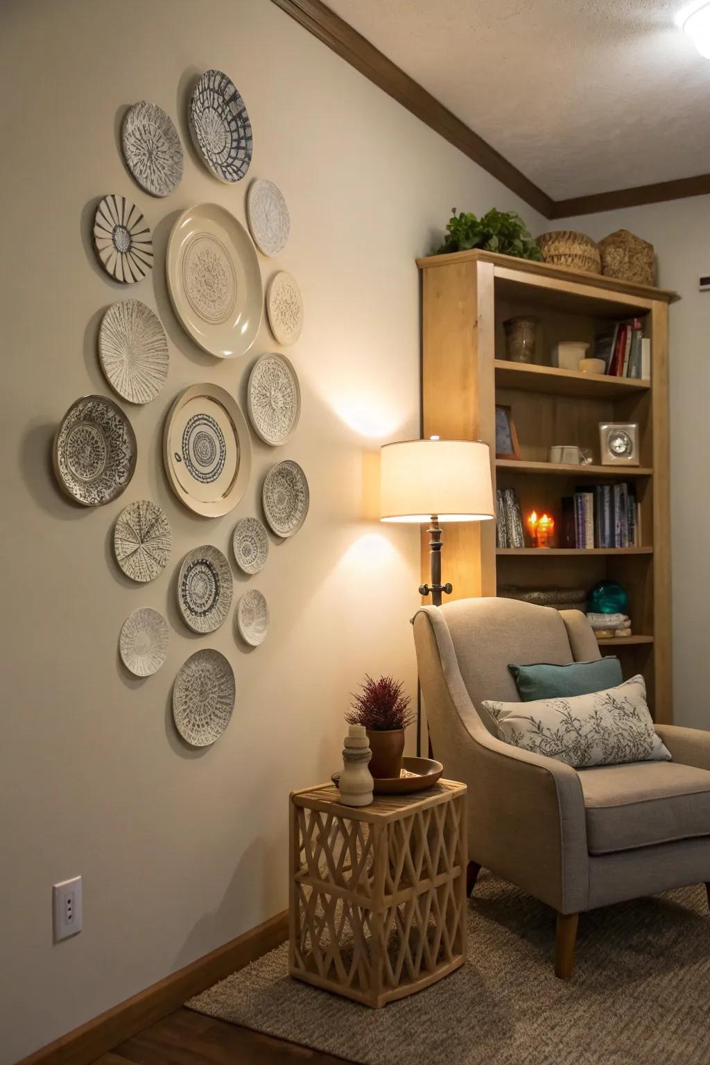 A thoughtful art installation made from plates, adding serenity to a home.