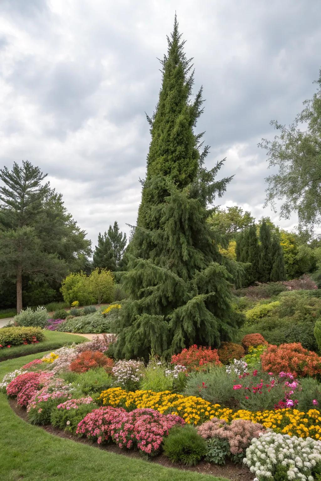 Rejoice in the seasons through Evergreen Sentinel trees and vibrant flowers.