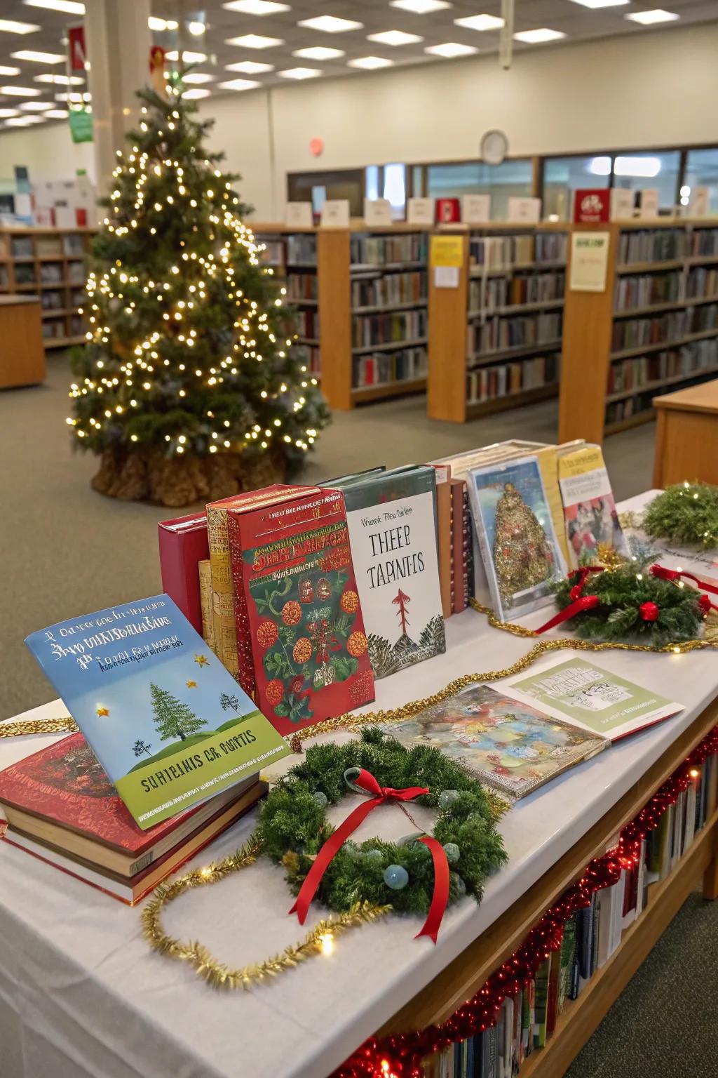 Highlight seasonal literature with charming table centerpieces.