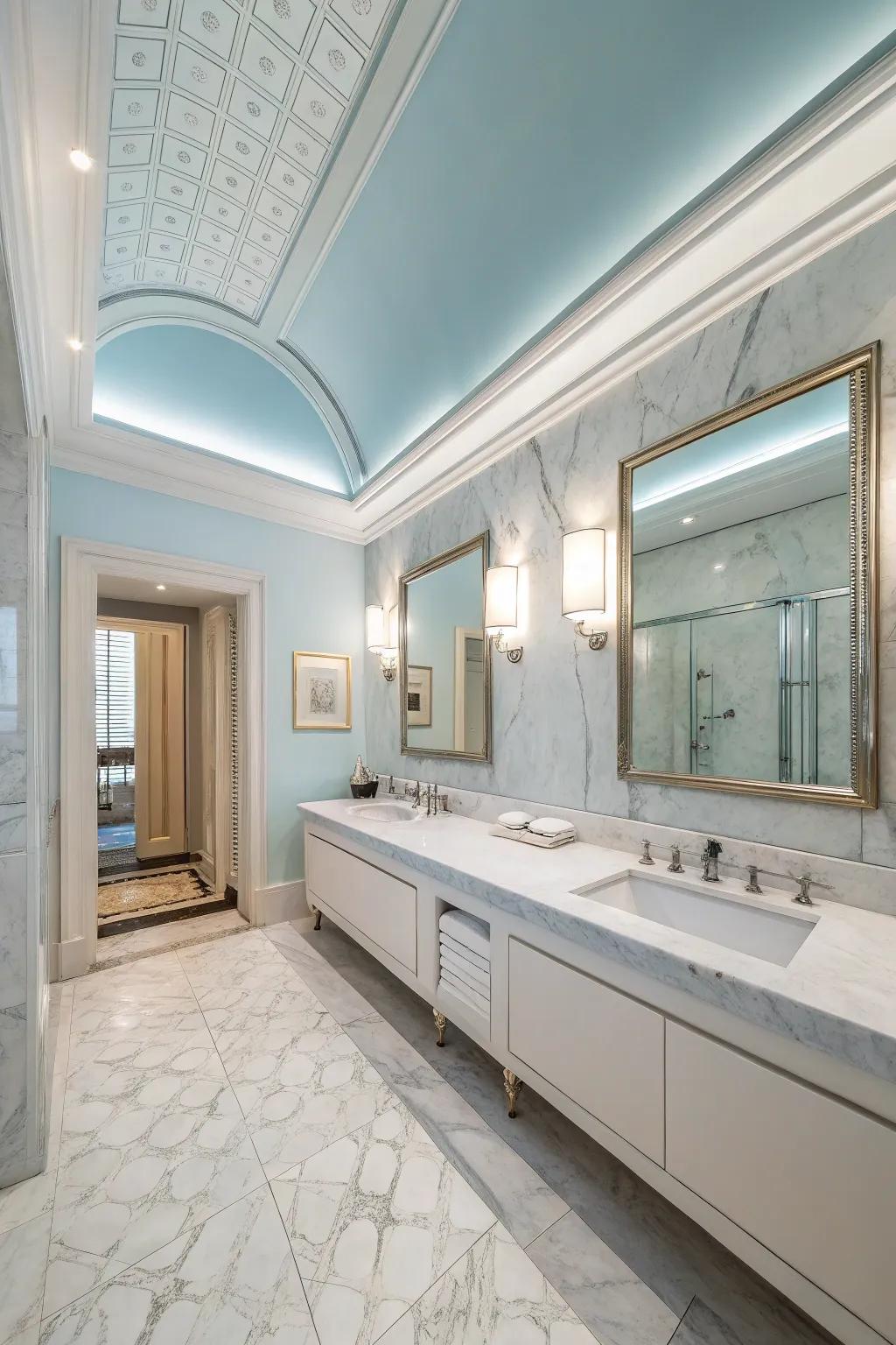 A spa-like bathroom featuring a serene light blue ceiling.